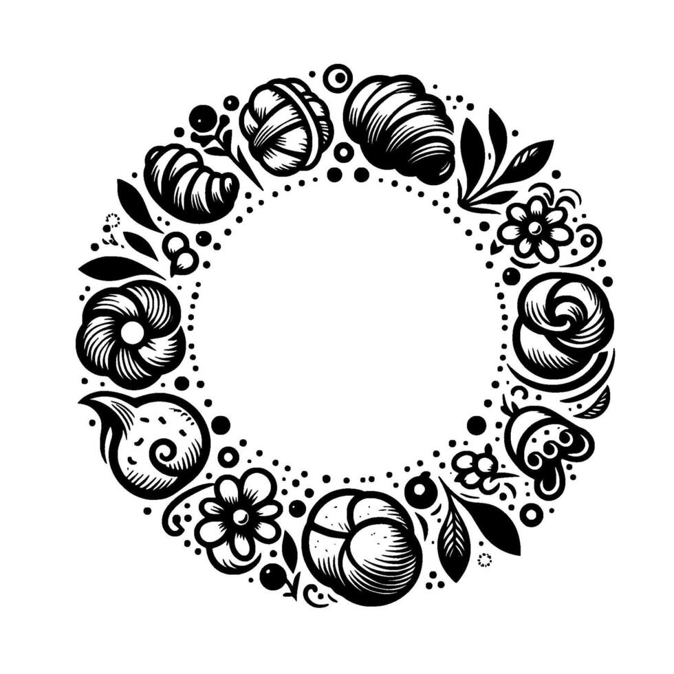 Black and White Circular Floral Wreath with Bun, Croissant, and Floral Bakery Elements, Dots vector