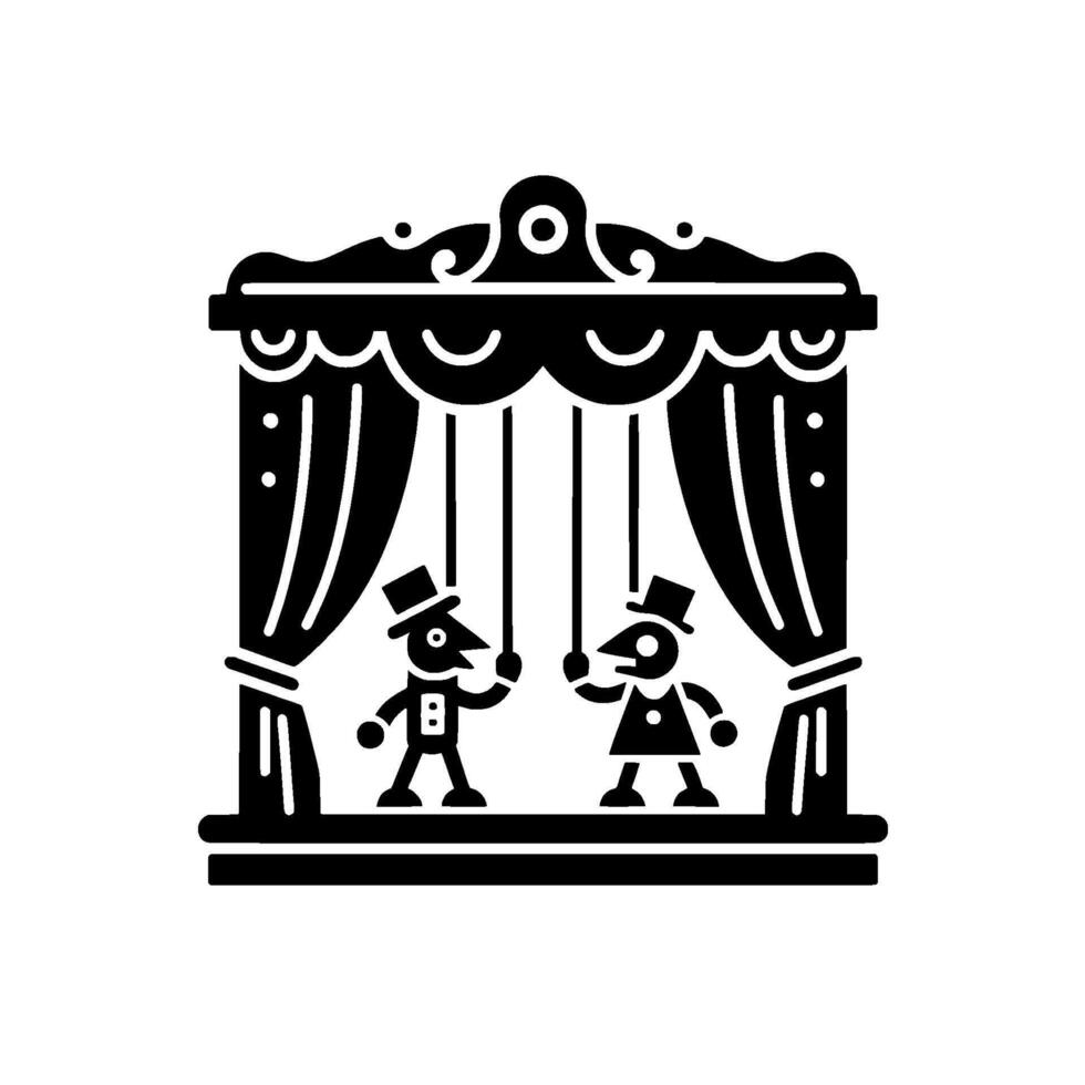 Black and white silhouette of a puppet show, featuring two puppets on stage, behind curtains, with ornate details. vector