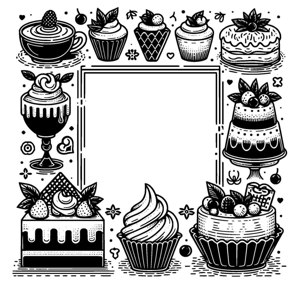 A whimsical, handdrawn frame of various cakes and desserts, ideal for celebrations, with a blank central space for customization, in black and white. vector