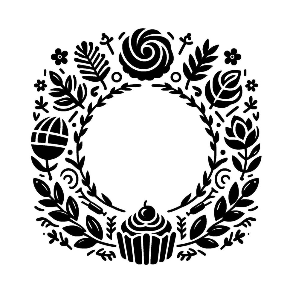 Elegant Black and White Floral Wreath with Cupcake, a Circle Composition, Perfect for Invitation vector