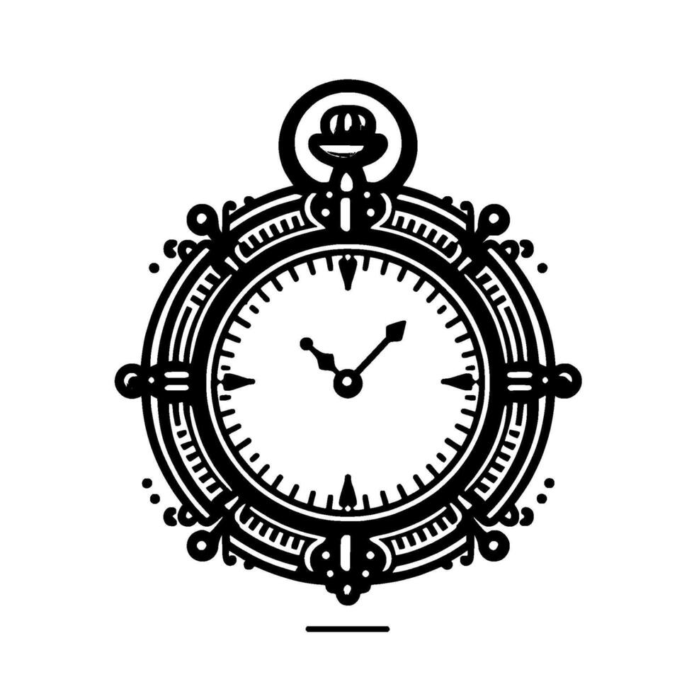 Ornate black and white vintage pocket watch illustration with detailed floral border and simple clock hands, set against a white background. vector