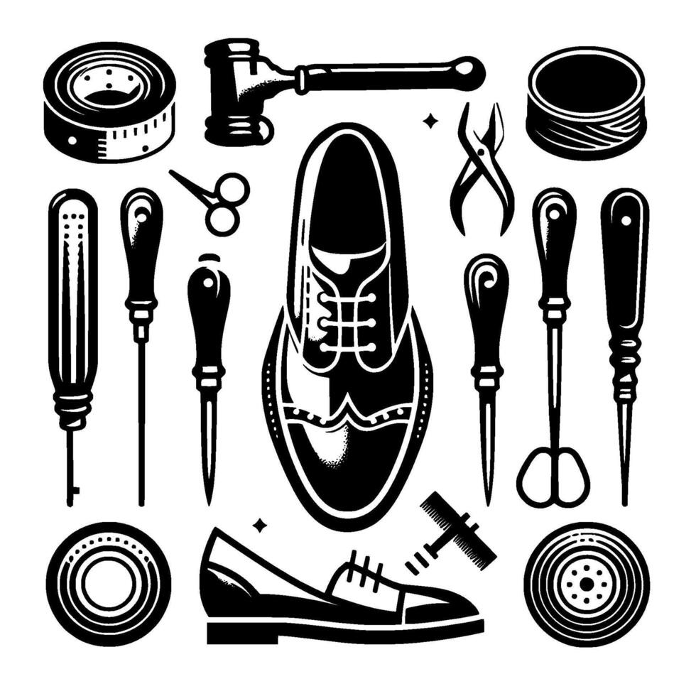 Silhouette Shoe and Cobblers Tools Arrangement, Black and White, Flat vector