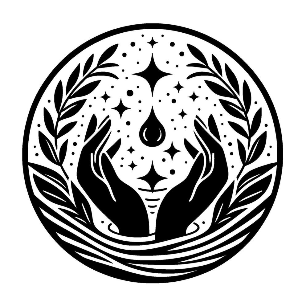 Circular black and white illustration of cupped hands cradling a water drop, surrounded by stars and leaves. vector