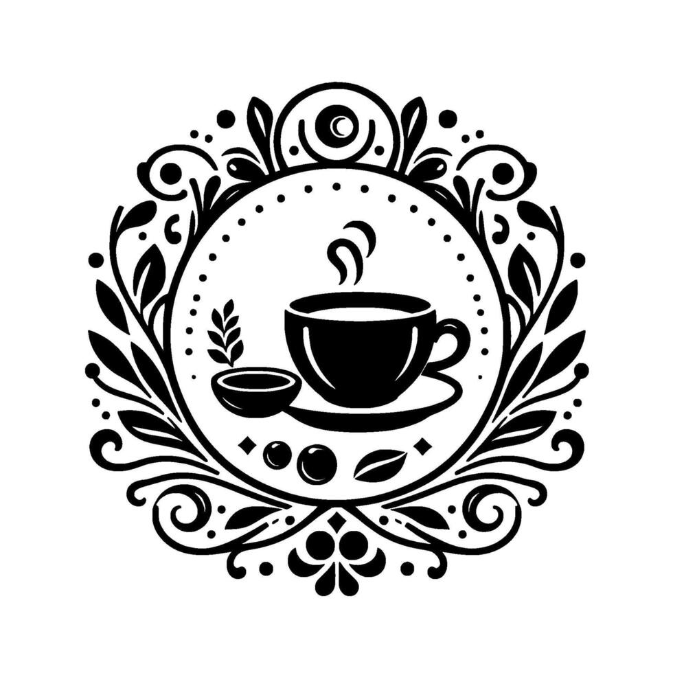 Elegant Black and White Circular Illustration featuring a Coffee Cup, Teacup, and Floral Embellishments. vector