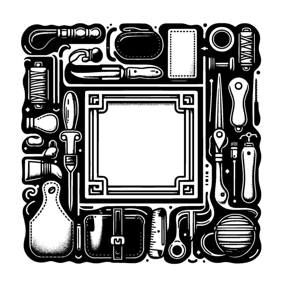 Intricate Black and White Illustration of Leathercraft Tools Surrounding a Central Frame, in a Decorative, Symmetrical Arrangement. vector