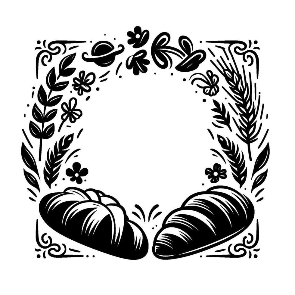 Black and white line art illustration bread loafs at the bottom, surrounded by floral and wheat wreath elements. vector