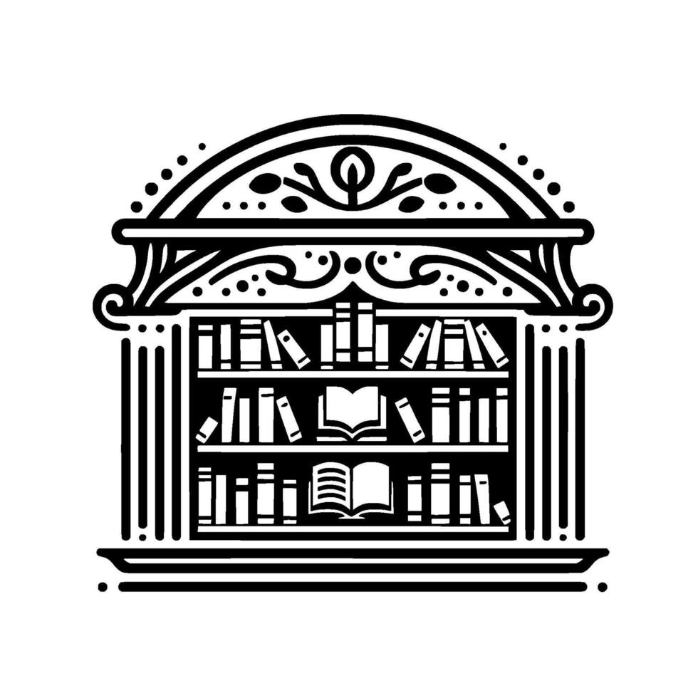 Ornate Black White Library Symbol Featuring Books on Shelves, Classic Architecture Elements, and Open Books. vector