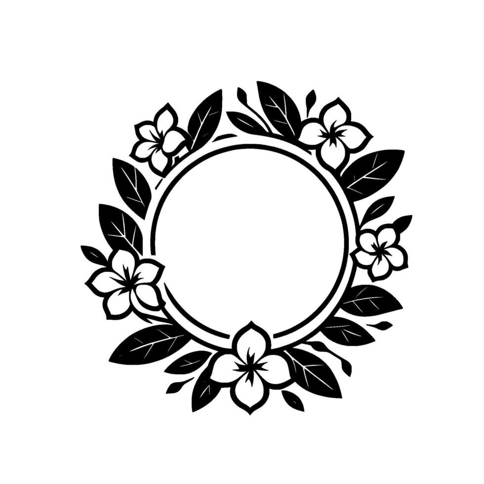 Elegant Black and White Floral Wreath with Plumeria Blossoms and Leaves Encircling a Blank Circle, Perfect for Design. vector