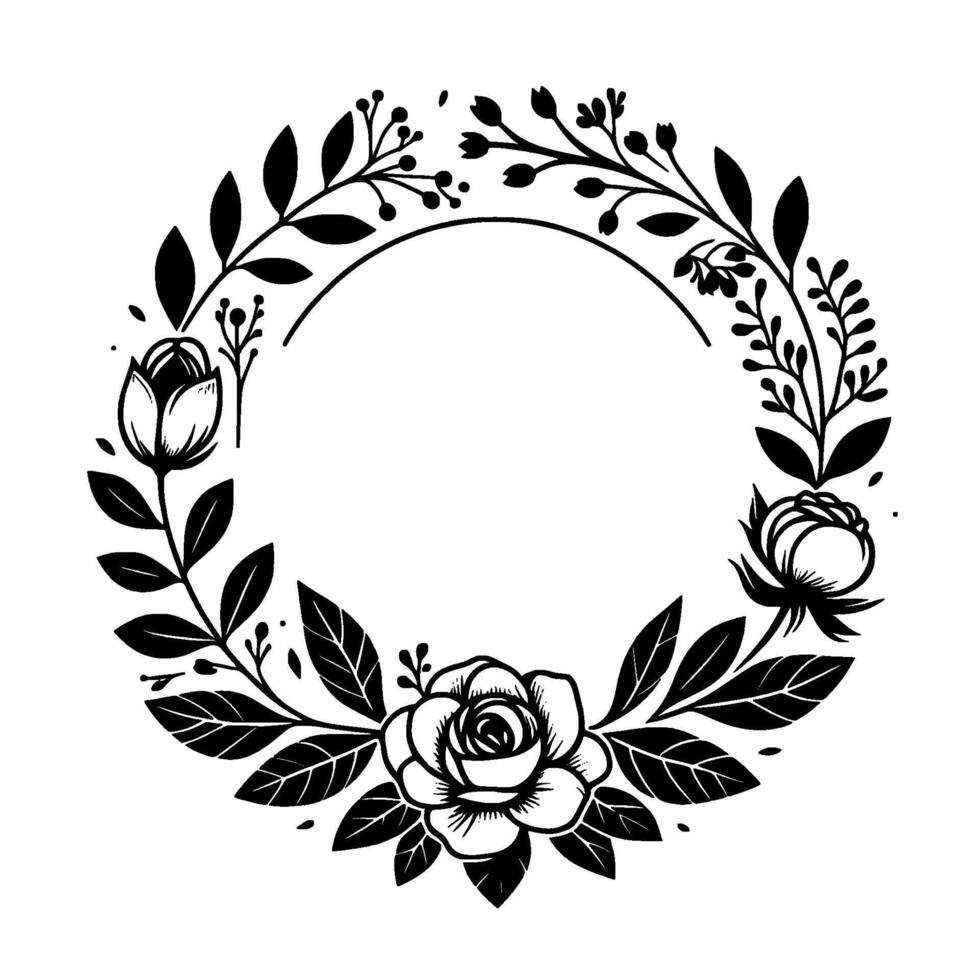 Elegant Black and White Floral Wreath with Roses, Leaves, and Foliage, Forming a Circular Frame with Negative Space. vector
