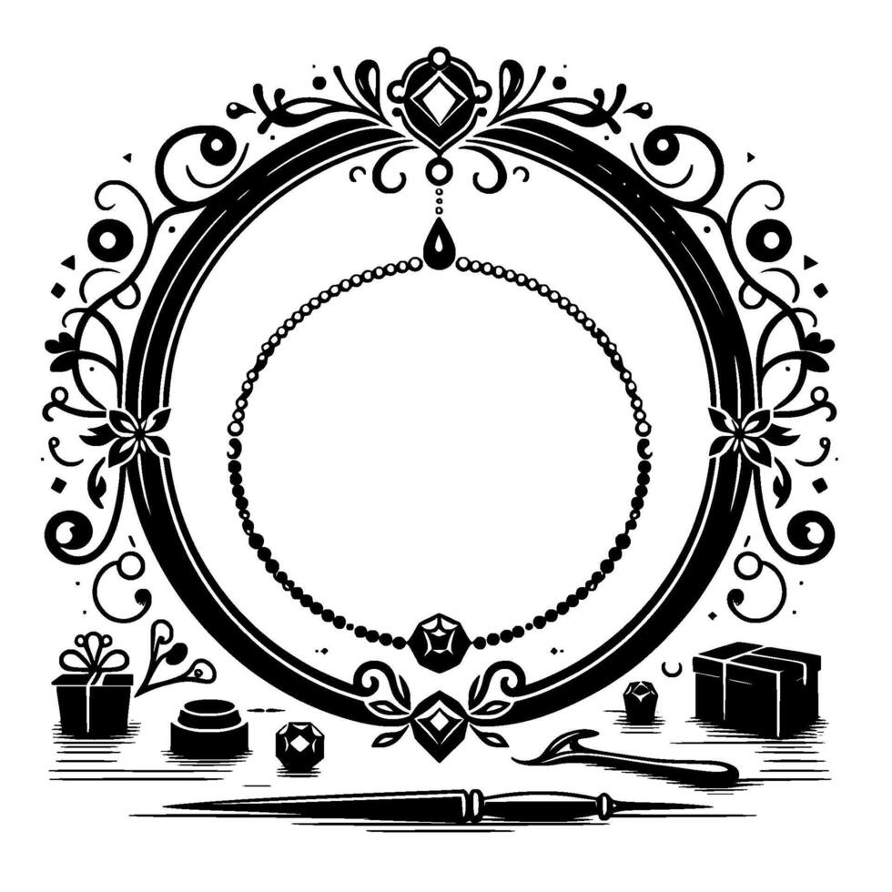 Decorative Black and White Illustration Ornate Circular Frame with Jewelry, Magic Wand, and Gift Boxes, Elegant Design. vector