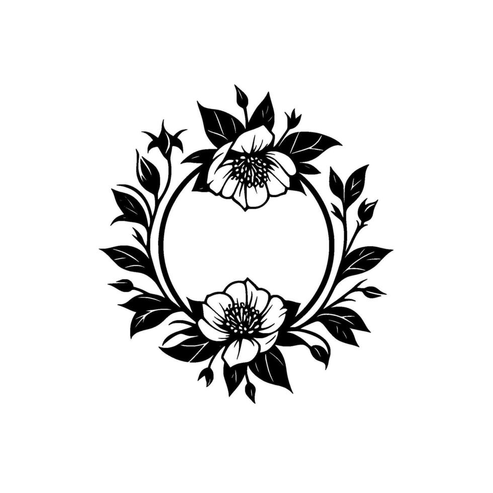 Elegant Black and White Floral Wreath Design, Featuring Detailed Flowers and Leaves, Surrounding a Circular Frame, Isolated on White. vector