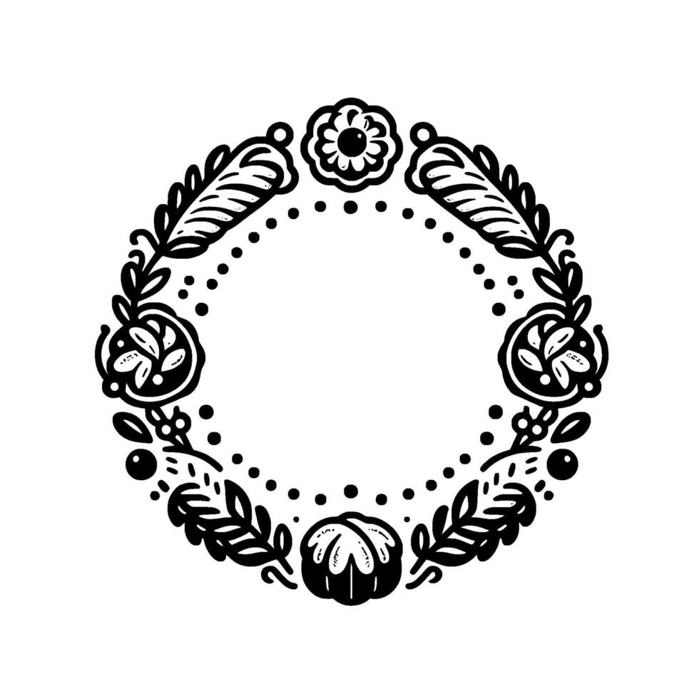 Intricate Black and White Floral Wreath with Leaves, Dots, Flowers, and Fruits. Ornamental, symmetrical circular illustration on a white background. vector