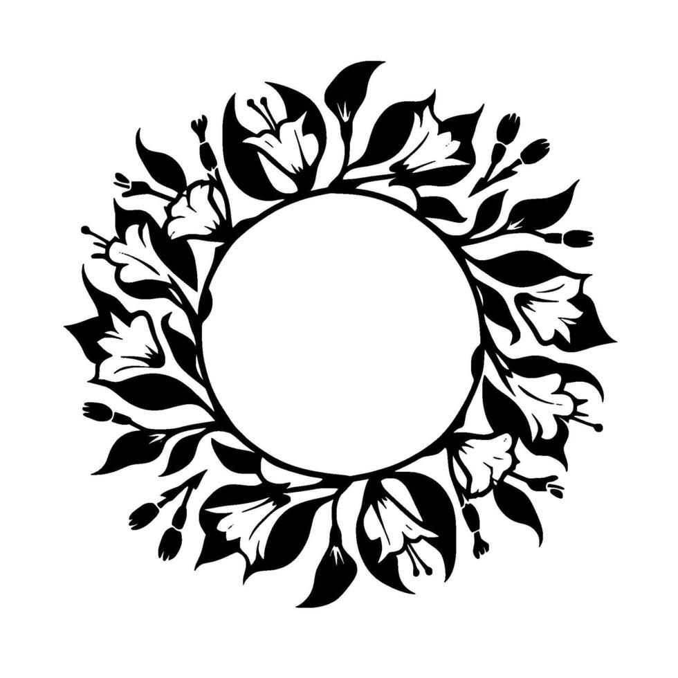 Black and White Floral Wreath with Central Circle Decorative Illustration with Leaves, Flowers, and Buds for Elements. vector