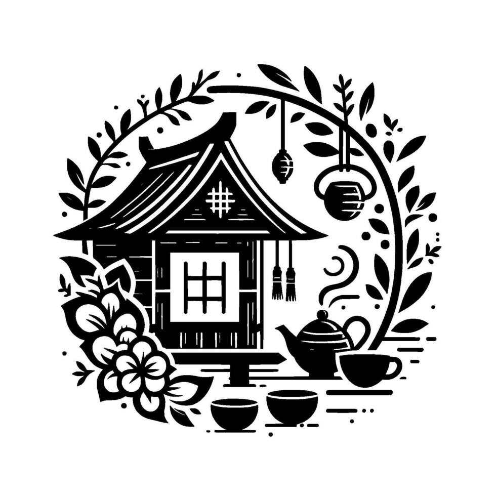 Black and White Japanese Teahouse Scene with Teapot, Cups, and Floral Surround, Offering Serenity and Tradition in a Circular Design. vector