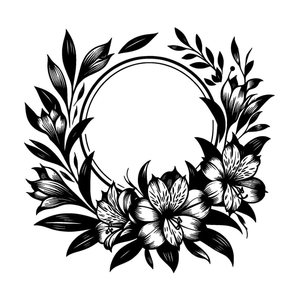 Elegant Black and White Floral Wreath with Detailed Lily Flowers and Leaves Surrounding a Circular Frame, Perfect for Invitations or Decorations. vector
