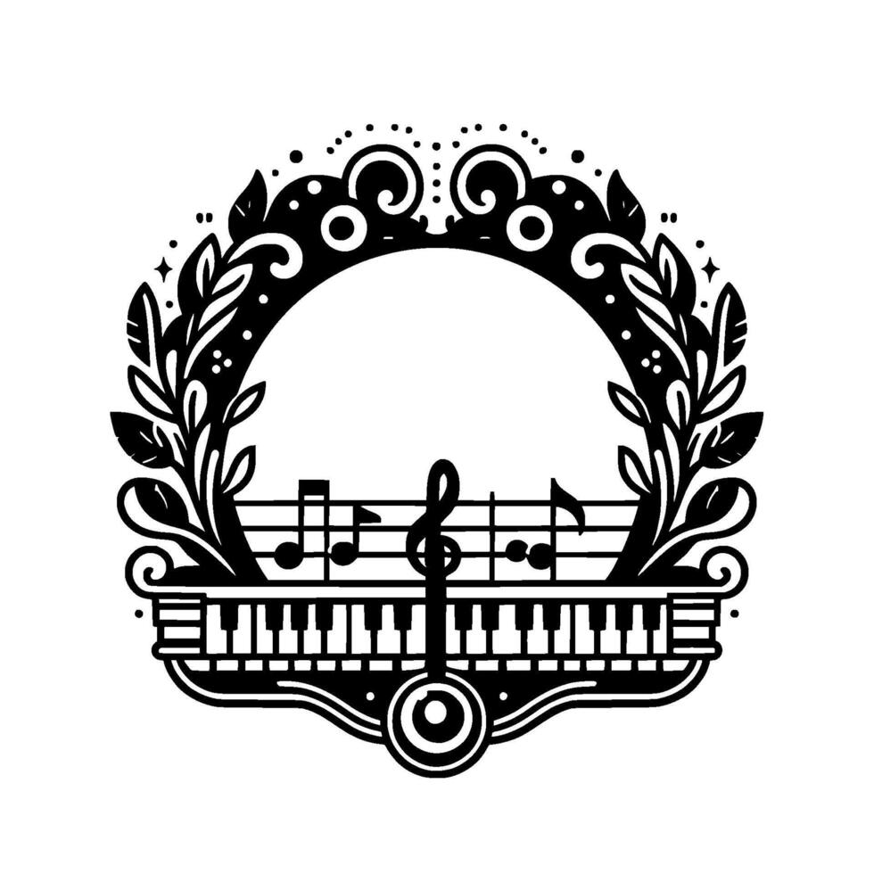 Ornate Black and White Musical Emblem Piano Keyboard, Treble Clef, Floral Wreath, and Decorative Flourishes vector