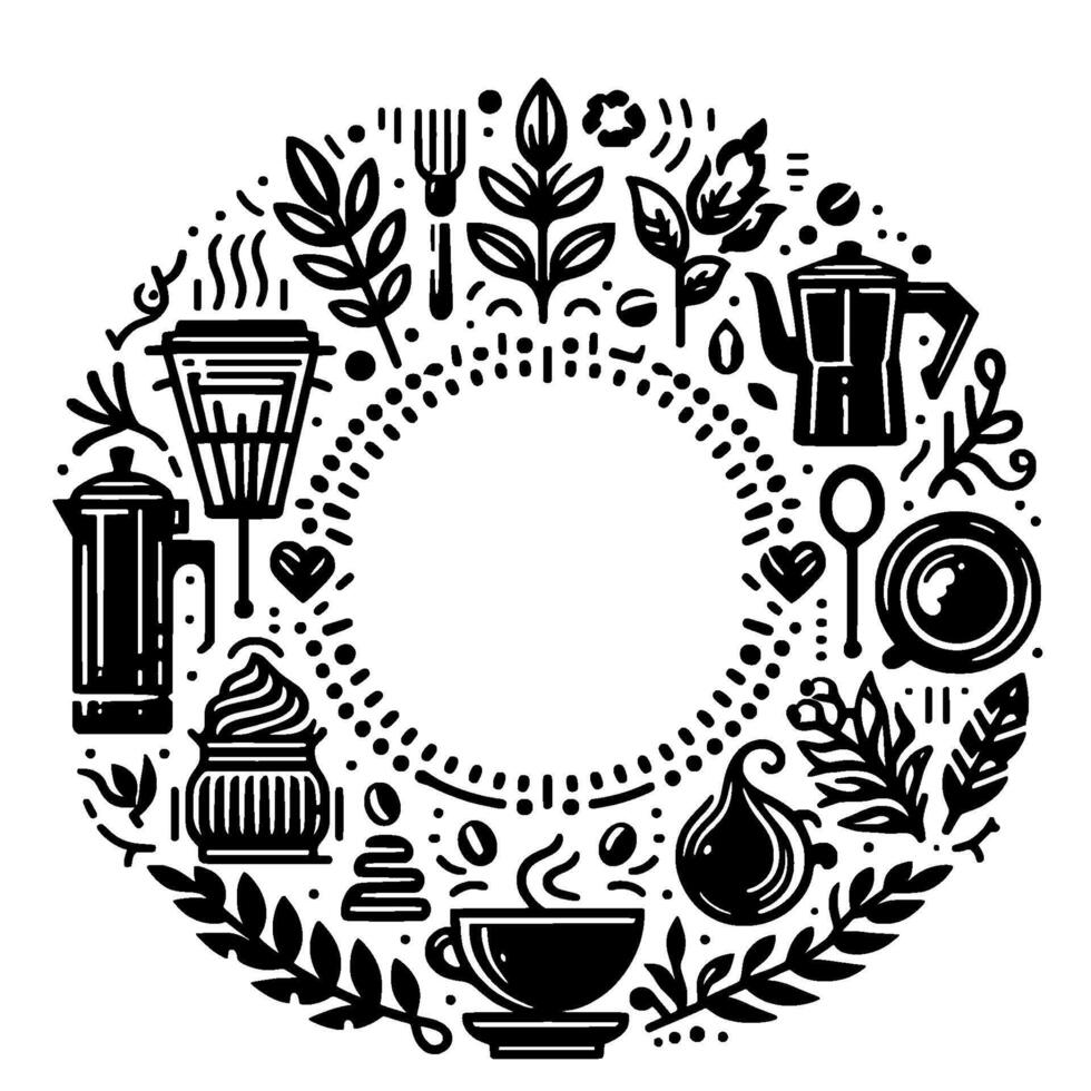 Monochromatic Circular Iconography Coffee, Tea, and Food Elements Forming a Decorative Wreath. vector