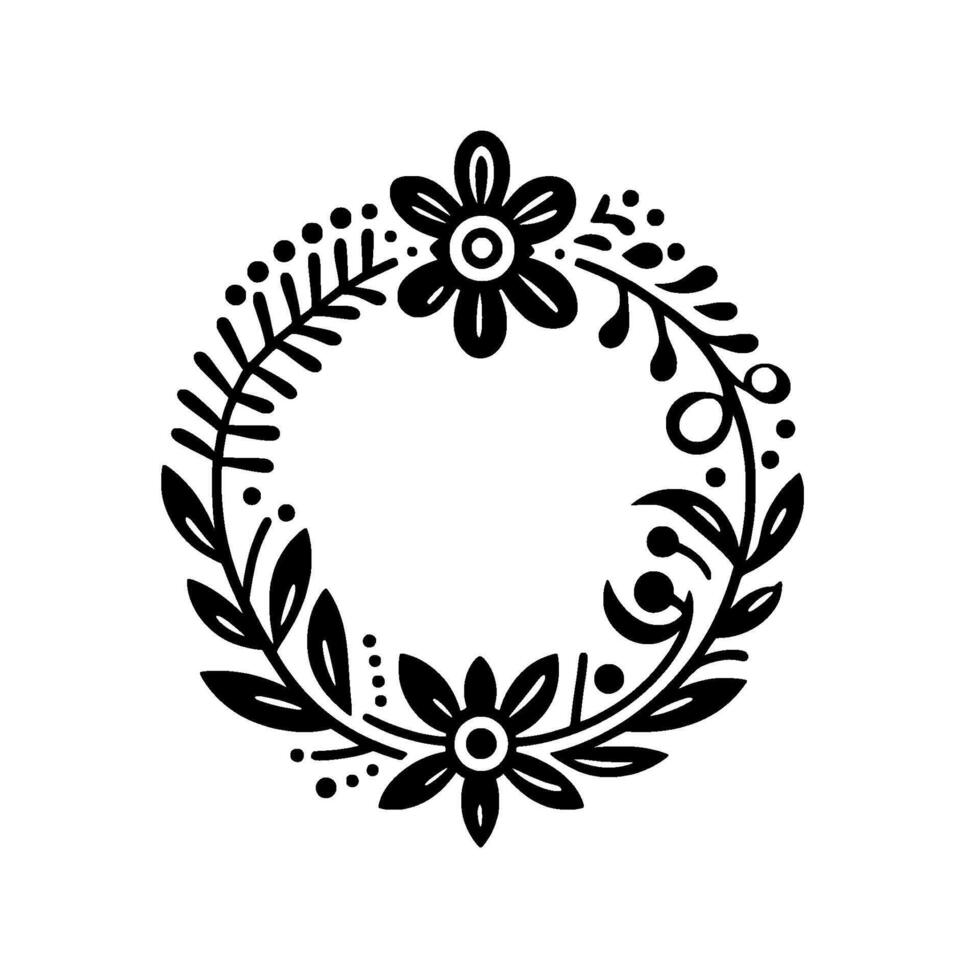 Black Floral Wreath Illustration symmetrical circular arrangement of stylized flowers, leaves, dots, and curved stems isolated on white. vector