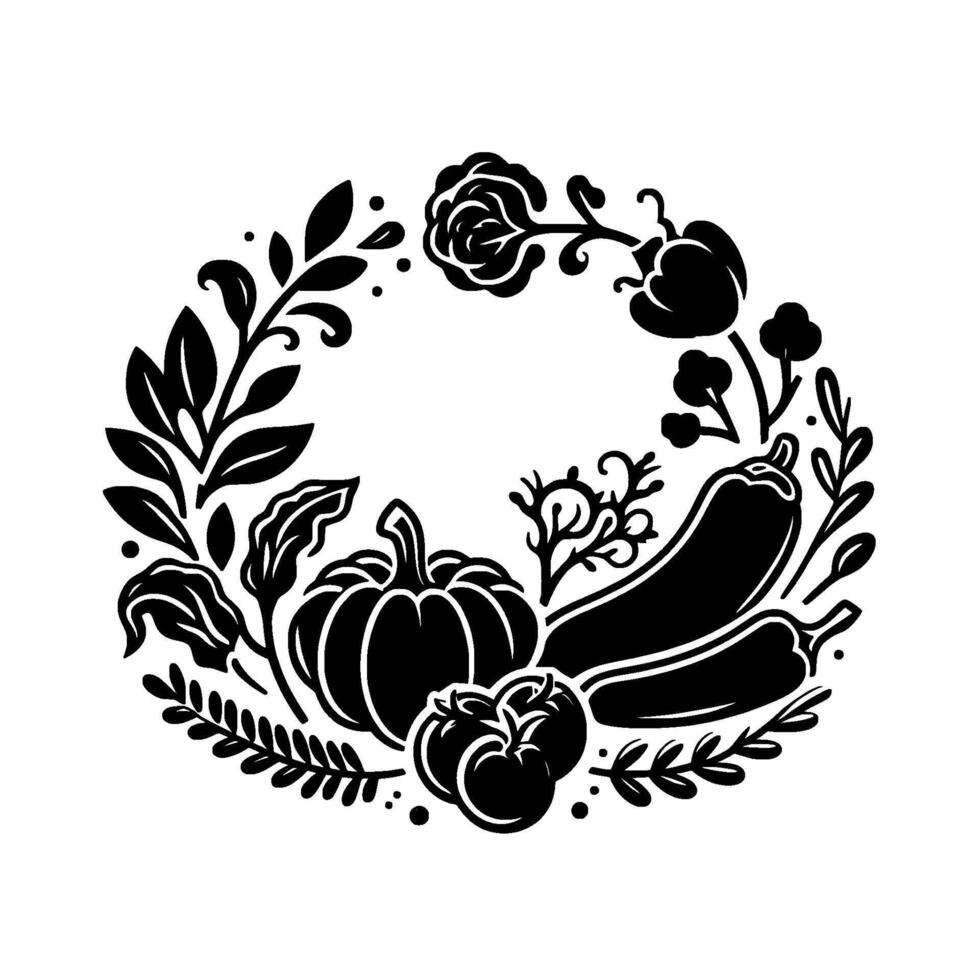 Black and white illustrative wreath featuring a pumpkin, eggplant, tomatoes, peppers, leaves, and roses, signifying seasonal bounty. vector