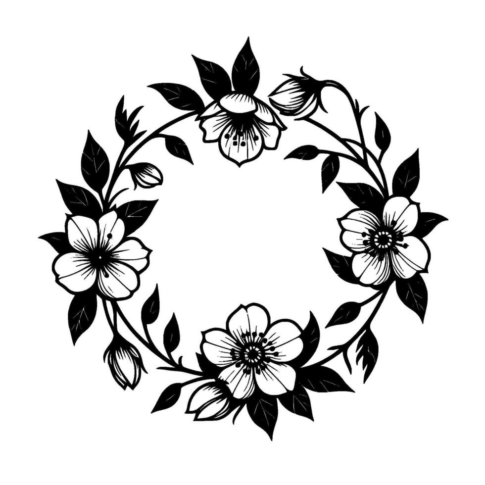 A symmetrical floral wreath illustration featuring elegant black and white blossoms, buds and leaves on a white background. vector