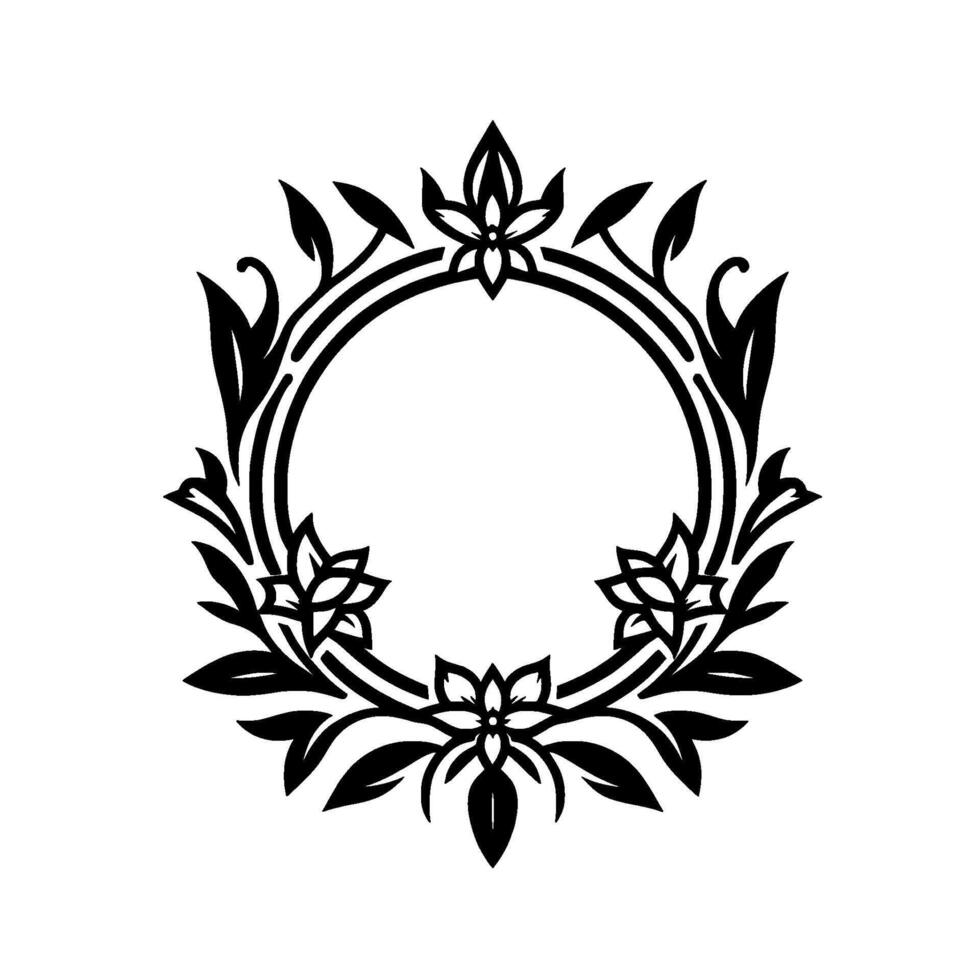 Elegant Black and White Floral Wreath A symmetrical featuring stylized flowers and leaves encircling a central circular frame. vector