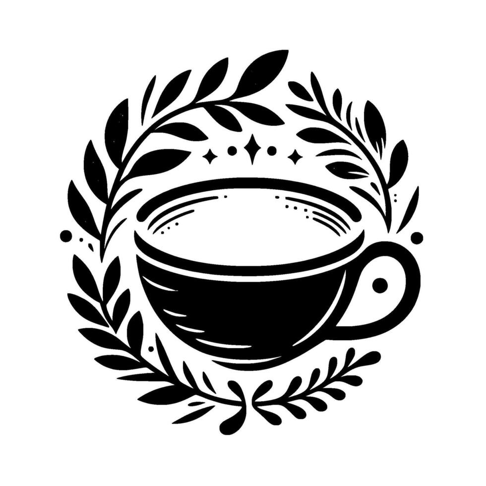 Black and White Minimalist Illustration of Coffee Cup Adorned by Leafy Wreath and Geometric Accents. vector
