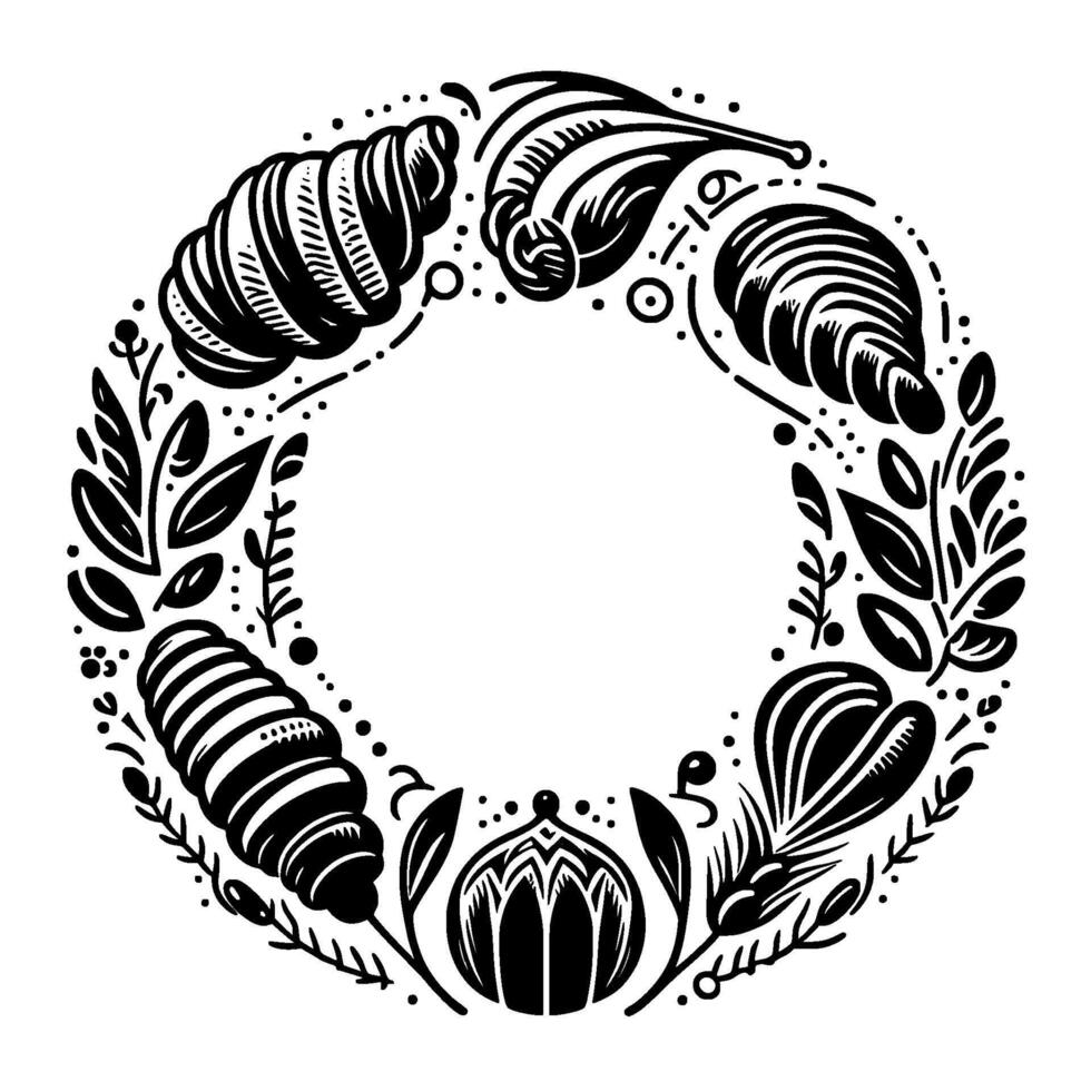 A monochromatic, circular with various stylized organic forms, including leaves, petals, and decorative shapes, creating a visual border. vector