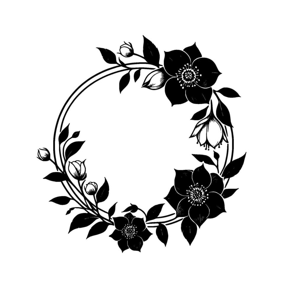 Elegant Black White Floral Wreath with Detailed Flowers, Buds, and Leaves Arranged in a Circular Composition on a White Background. vector