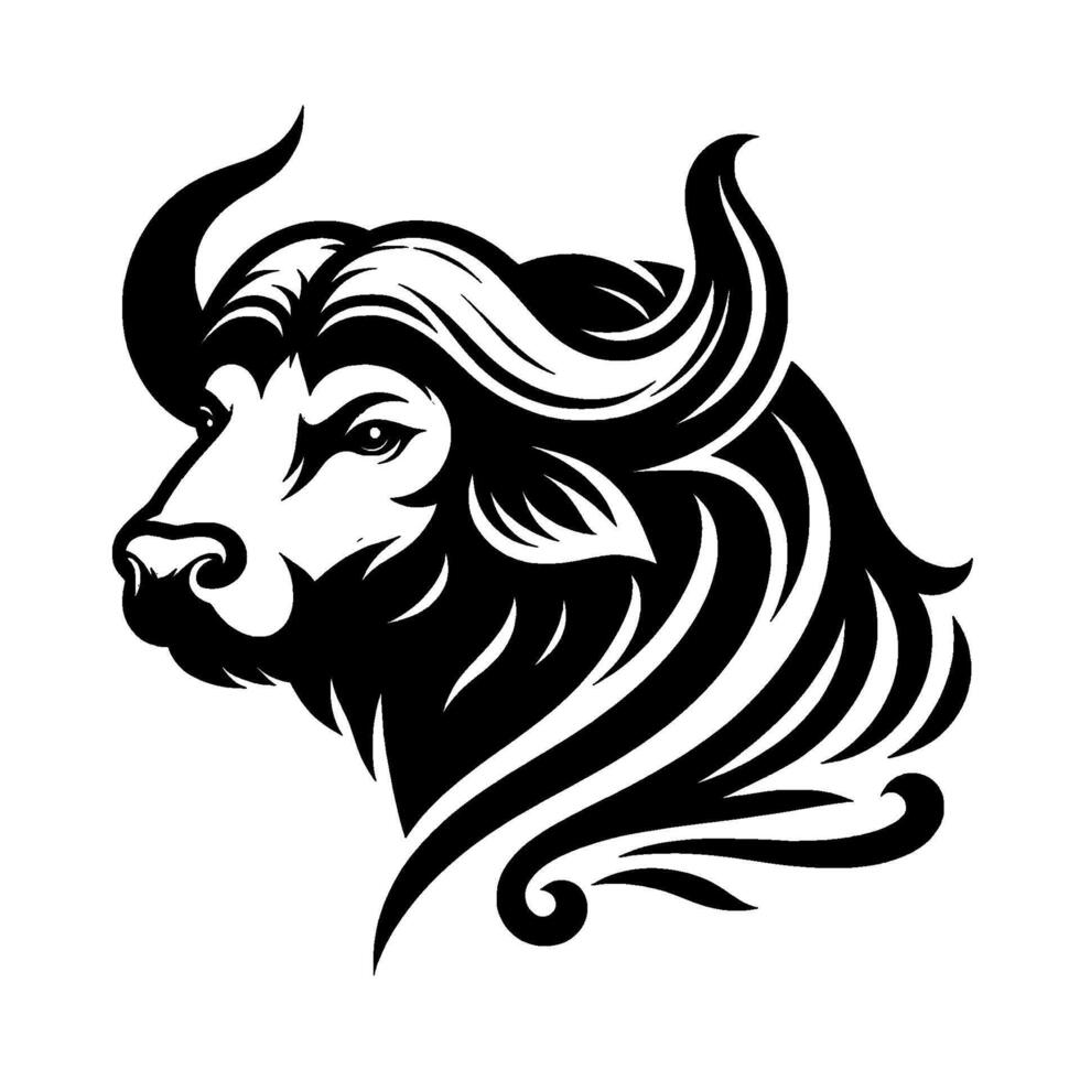 Striking Black and White Silhouette of a Powerful Buffalo Head, Showcasing Detailed Horns and Flowing Mane Against a Clean White Backdrop vector