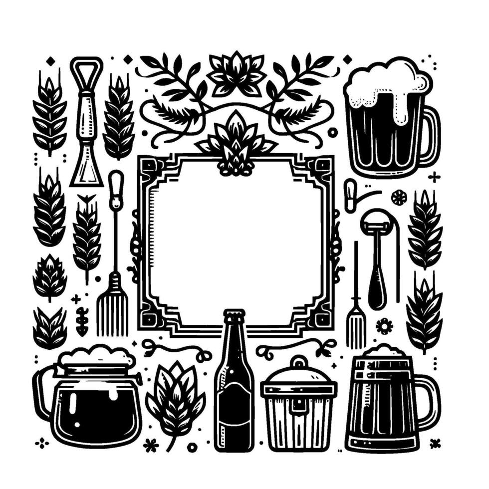 Black and white square featuring beer glasses, tools, bottle, hops, wheat stalks framing a central ornate blank space, perfect for a or label. vector