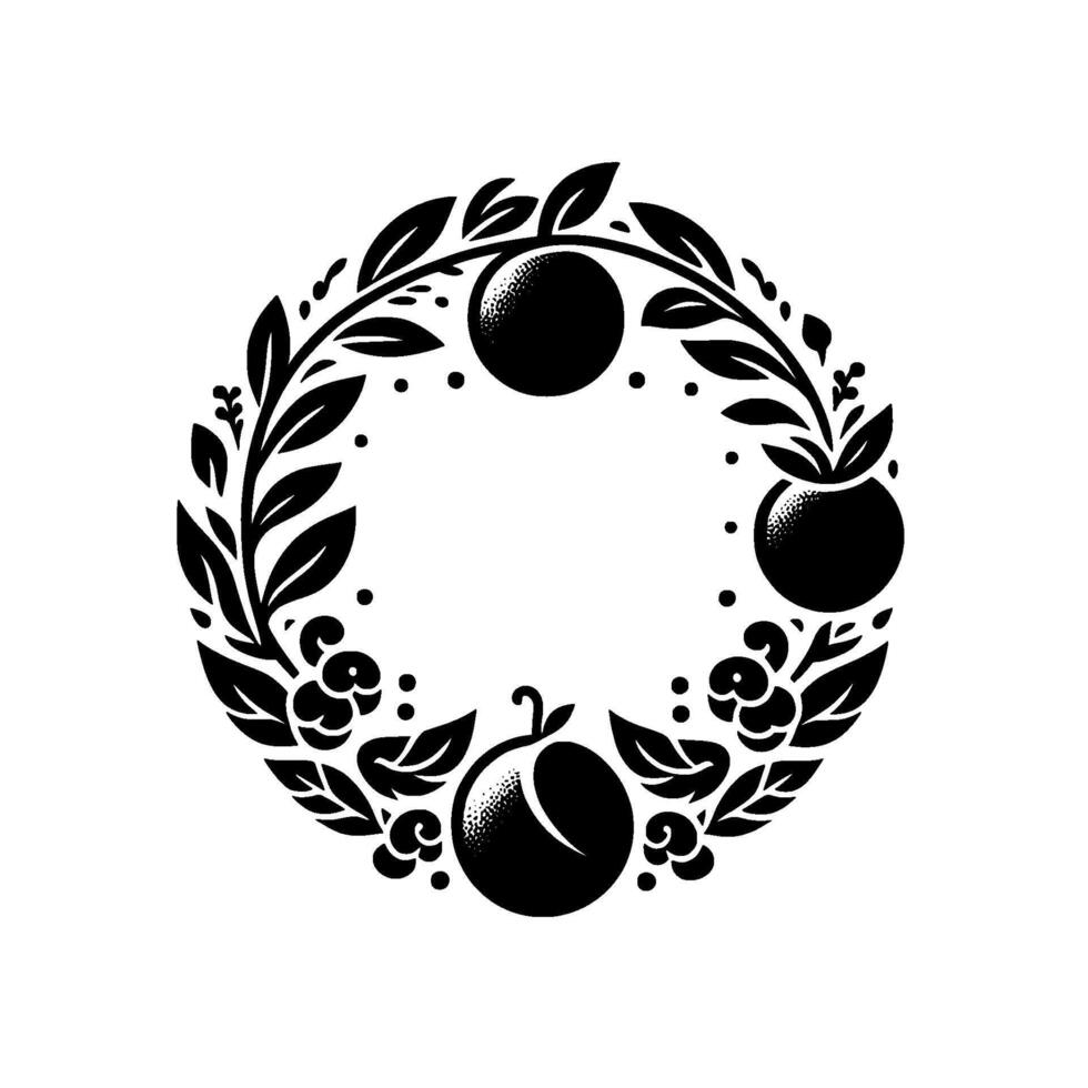 Black and White Fruit and Foliage Wreath A Stylized, Circular Composition with Oranges, Berries, and Leaves on a White Background. vector