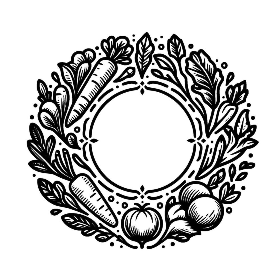 Minimalist Black and White Circular Vegetable Wreath with Carrots, Tomato, and Leafy Greens Blank Center for Text. vector