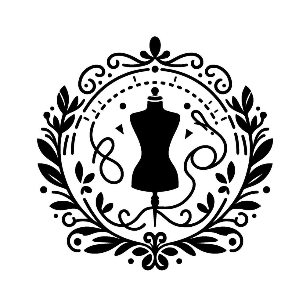 Elegant Black and White Tailoring Featuring a Dress Form within a Decorative Floral Wreath Embellished with Sewing Elements. vector
