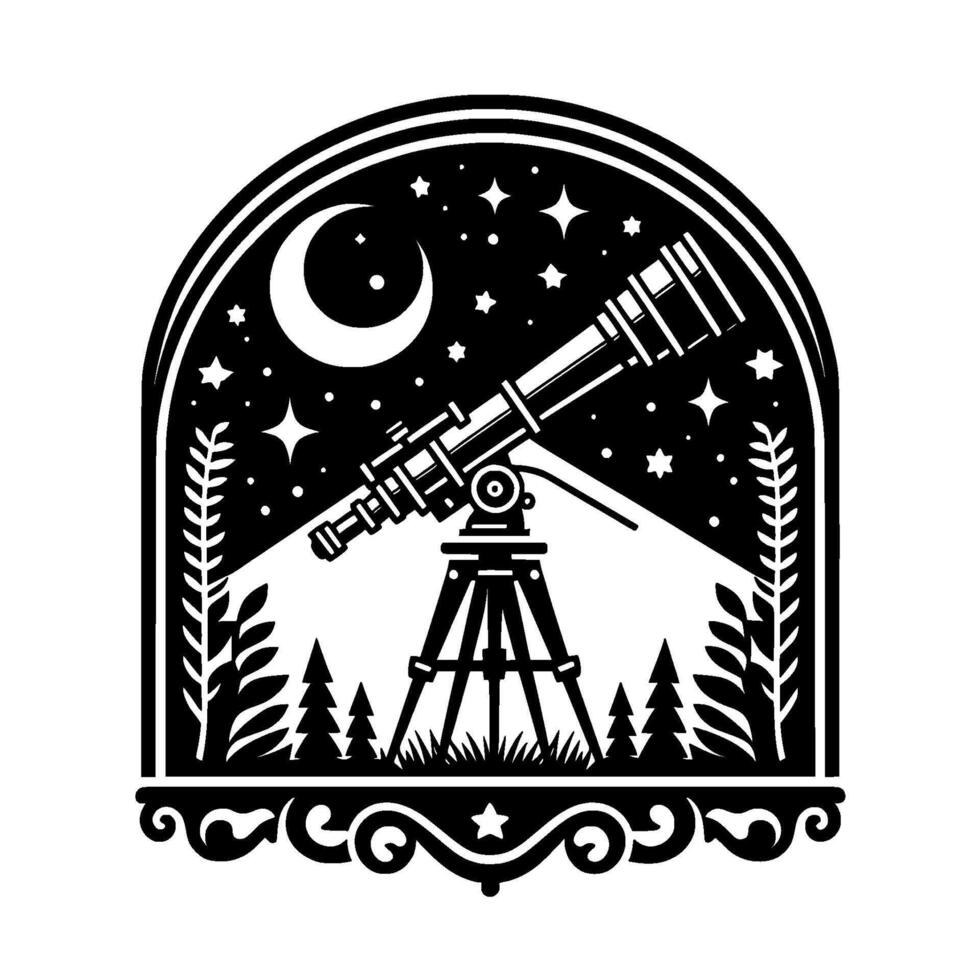 Black and white stargazing illustration, telescope under a crescent moon and starry night sky, framed by ornate leaves and forest elements. vector