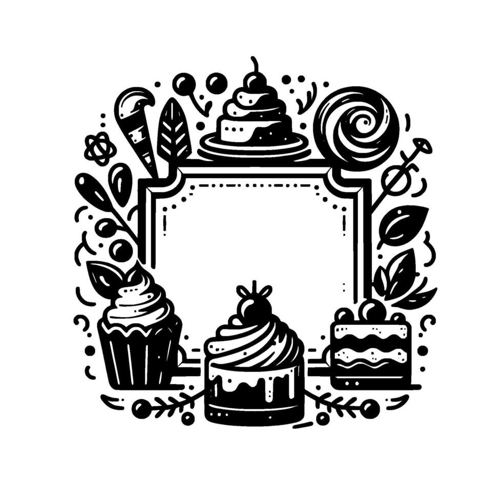 Elegant Black and White Dessert Frame Cupcakes, Cakes, Lollipop, and Decorative Elements. vector