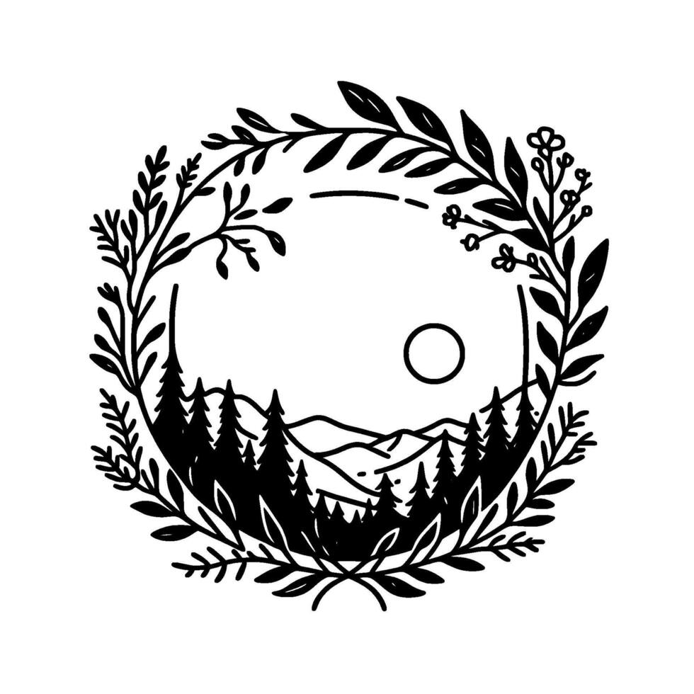 Black and White Circular Illustration Mountainous Forest Scene Enclosed in a Wreath of Foliage, Sun Above. vector
