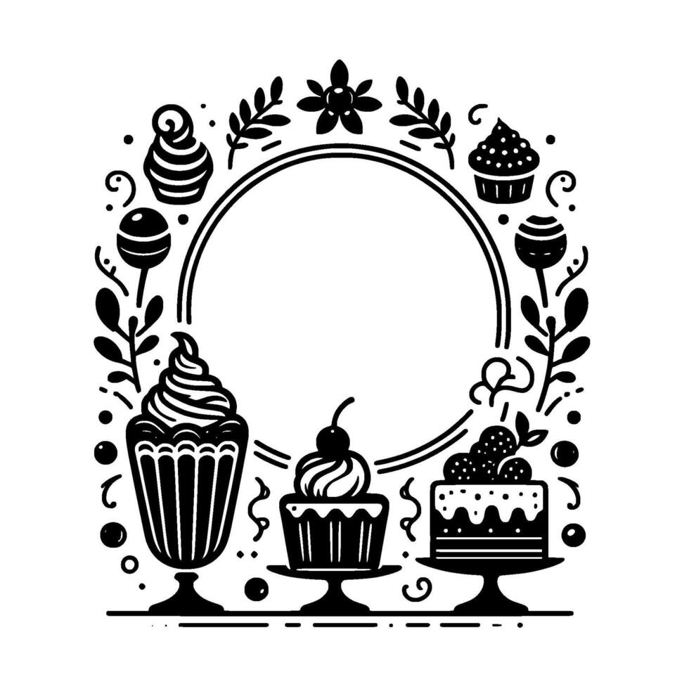 Monochrome Sweet Treats Frame Cakes, Cupcakes, Lollipops, and Floral Elements Bordering a Central Circular Space. vector