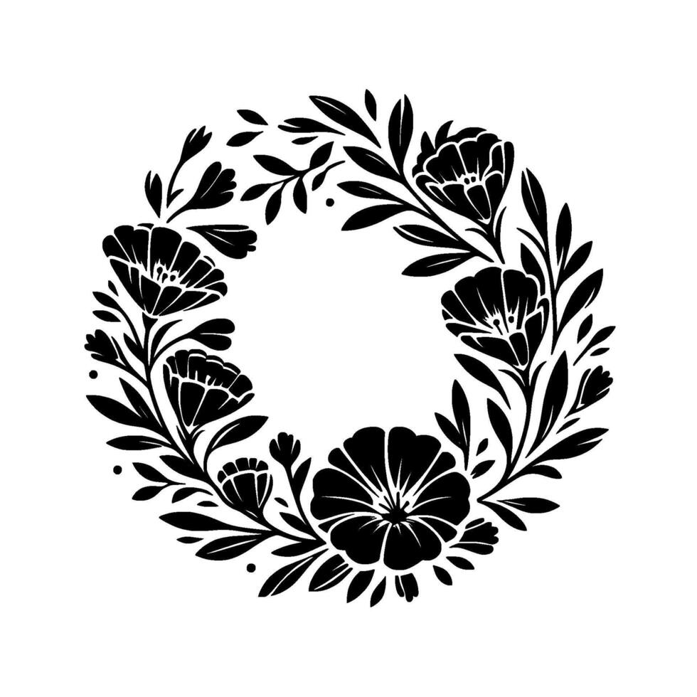 Stylized Black and White Floral Wreath Illustration with Detailed Flowers, Leaves, and Rounded Composition. vector