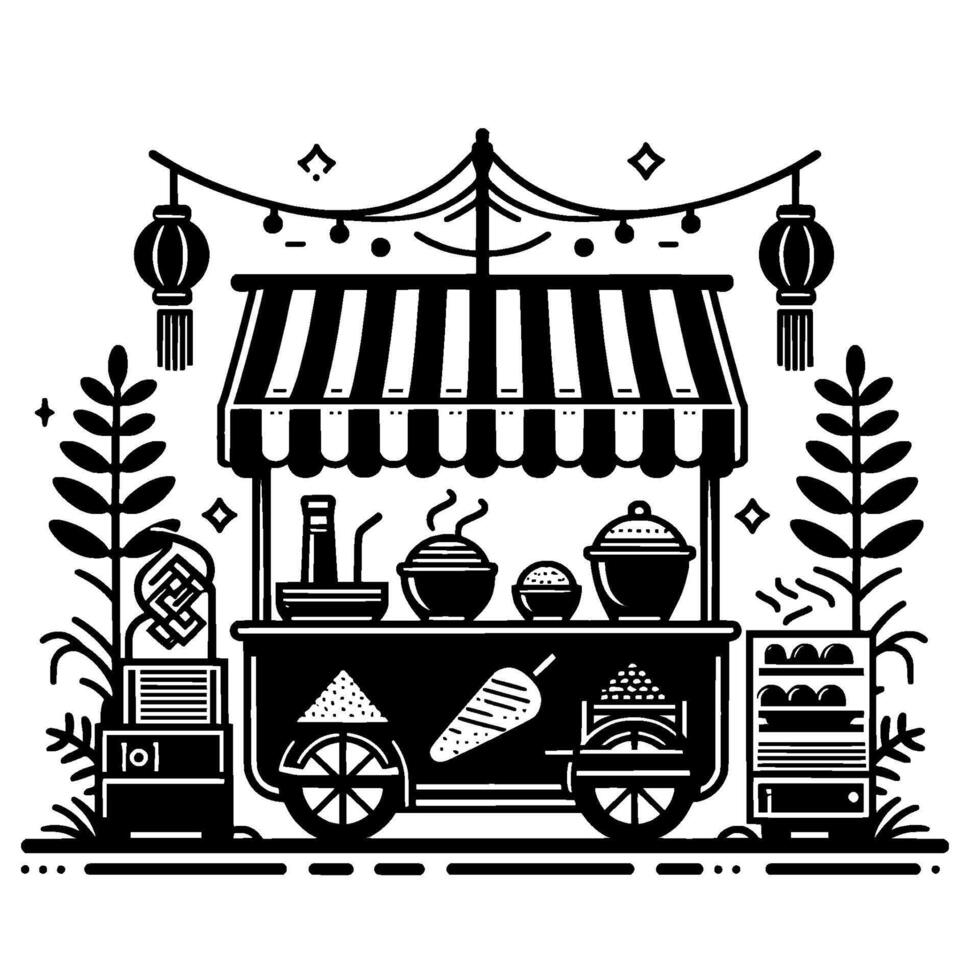 Illustration Festive Street Food Cart with Lanterns, Awning, and Various Dishes in a Monochrome Aesthetic. vector
