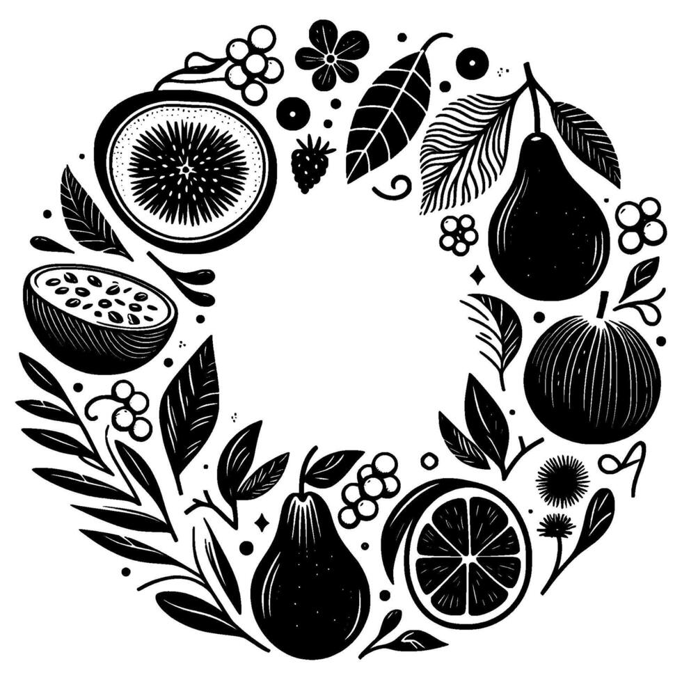 Black and white circular illustration of various fruits, leaves, berries, and flowers forming a decorative wreath on a white background. vector