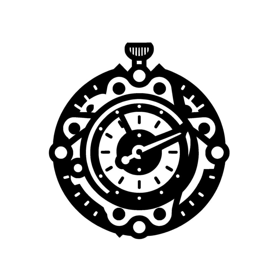 Elegant, SteampunkInspired Pocket Watch Illustration in Monochromatic Black and White, Emphasizing Circularity, Detail, and Contrast vector