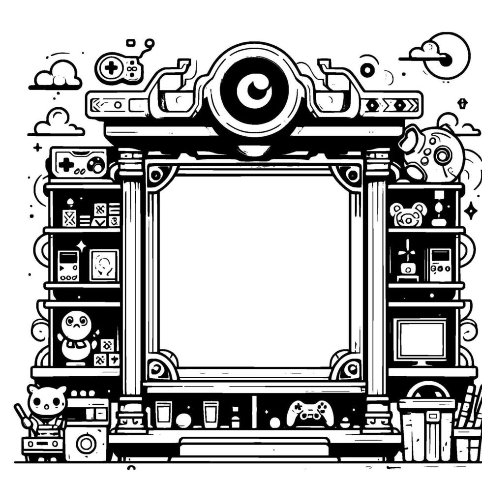 Whimsical gaming portal with shelves of playful items, a game console, and a central frame. A cartoonlike fantasy. vector