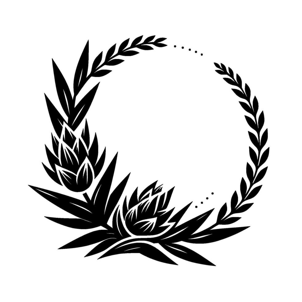 Artistic Black White Floral Wreath with SucculentLike Blooms and Branch Frame, Isolated on White. vector