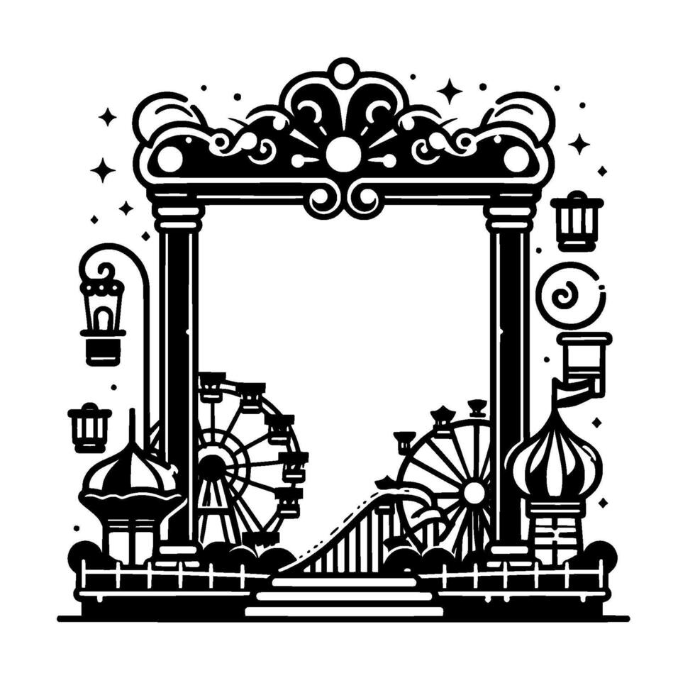 Whimsical Black and White Amusement Park Archway Illustration, Ferris Wheels, Rollercoaster, Lanterns, and Decorative Elements. vector