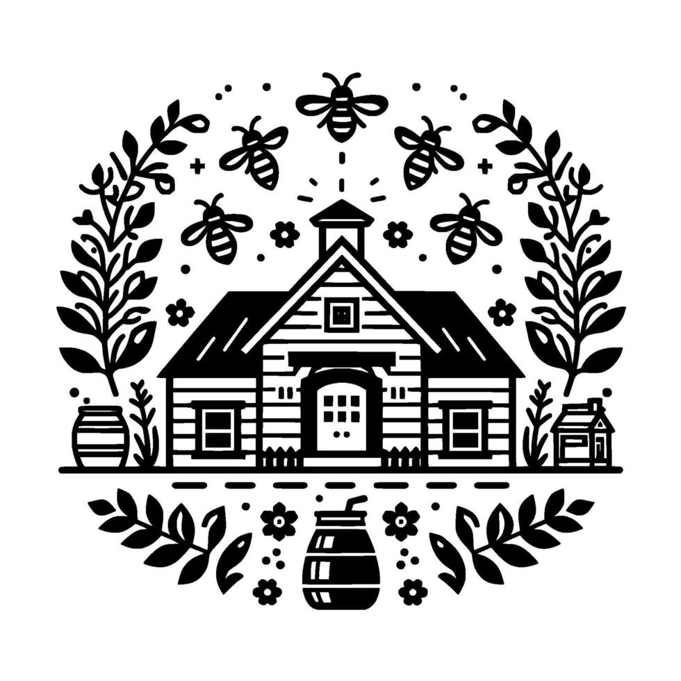 Black and White Beethemed Illustration Honey House Surrounded by Bees, Foliage, and Honey Jar in a Circular Design. vector