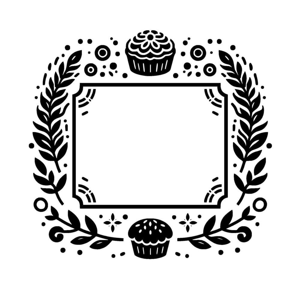Ornate Black and White Frame with Floral Elements and Cupcake Embellishments for Invitation or Card Design. vector