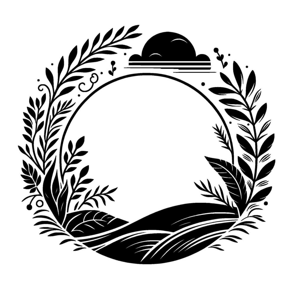 Minimalist Circular Illustration Black and White with Leaves, Hills, Sun and a Cloud Forming a Natural Frame. vector