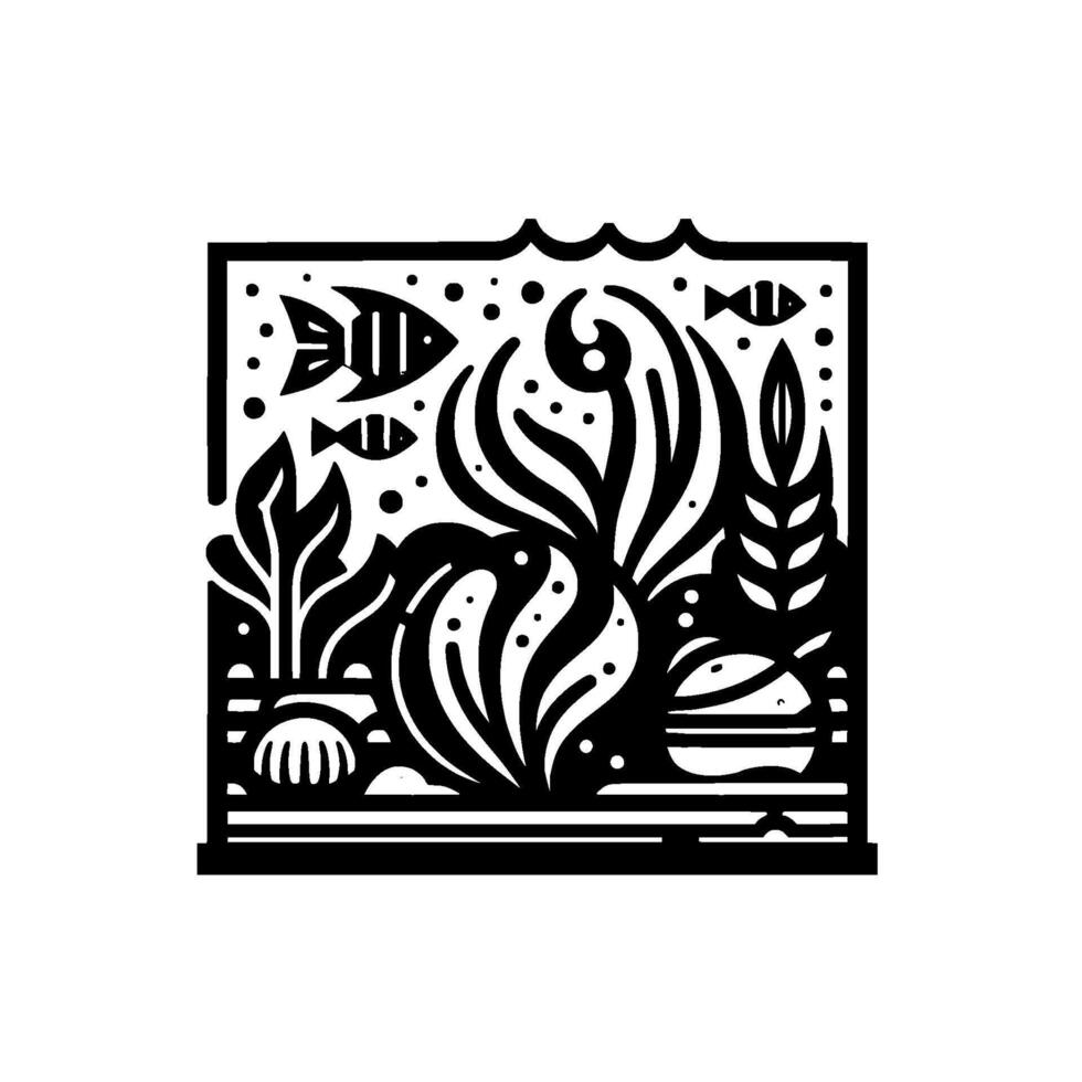 Geometric black and white square illustration of an underwater scene, featuring stylized fish, seaweed, and rocks. vector