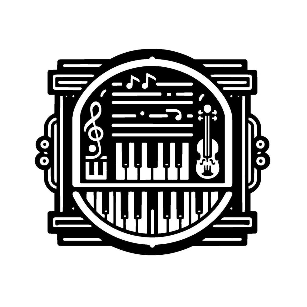 Stylized Musical Instrument Composition Featuring Piano Keyboard, Violin, Treble Clef, and Musical Notes in a Black and White Design. vector