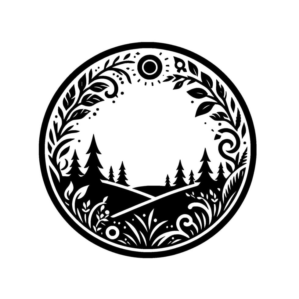 Circular silhouette illustration of a forest landscape with trees, hills, and floral elements forming a decorative border, showcasing nature. vector